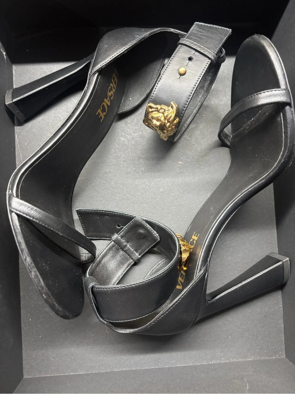 Versace Black Leather Heels with Gold Medusa Accent